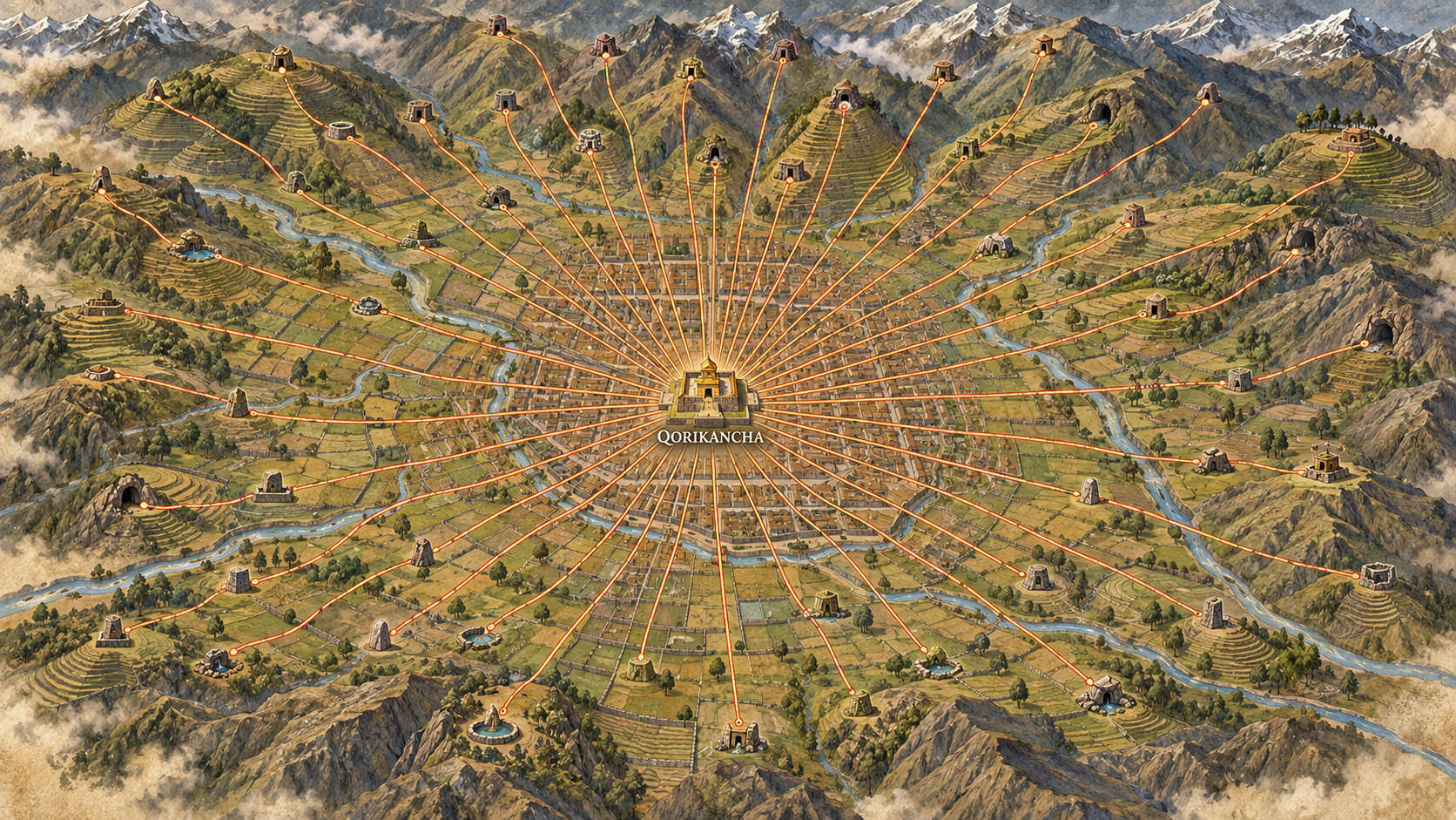 Illustration av ett bergslandskap tolkat genom traditionell kinesisk feng shui