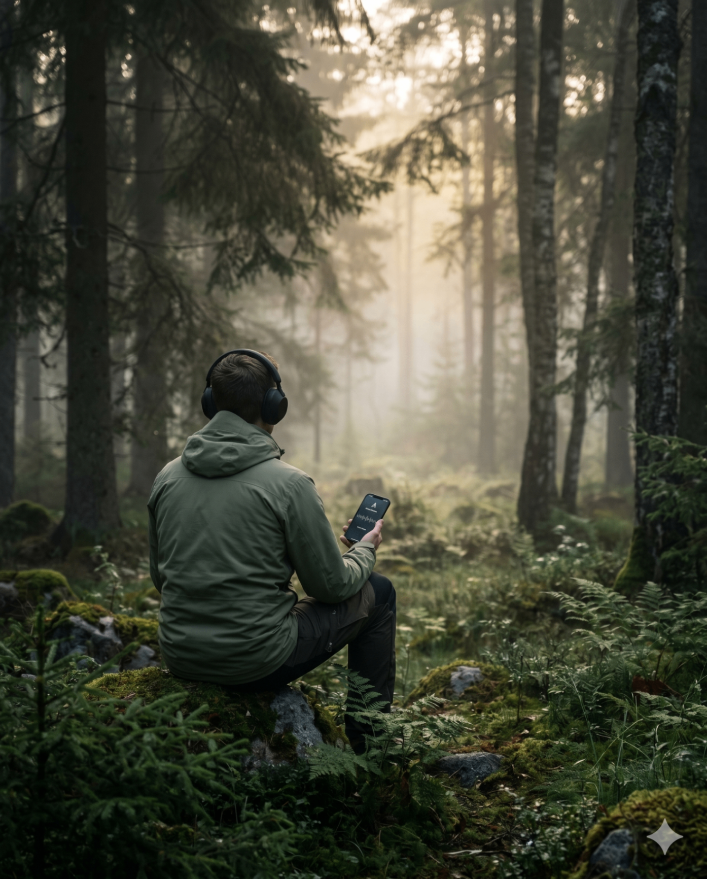 Person med hörlurar i dimmig skog