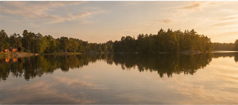 Varm soluppgång över en stilla sjö omgiven av skog