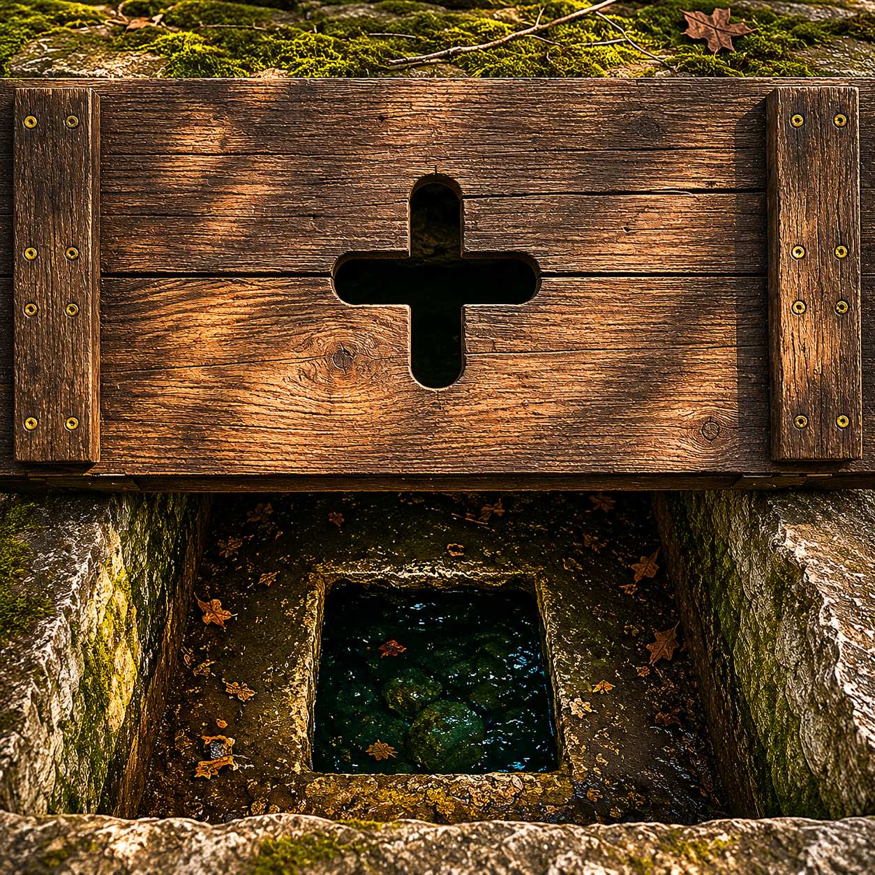 En gammal stenkälla i skuggan av höga träd längs en pilgrimsväg
