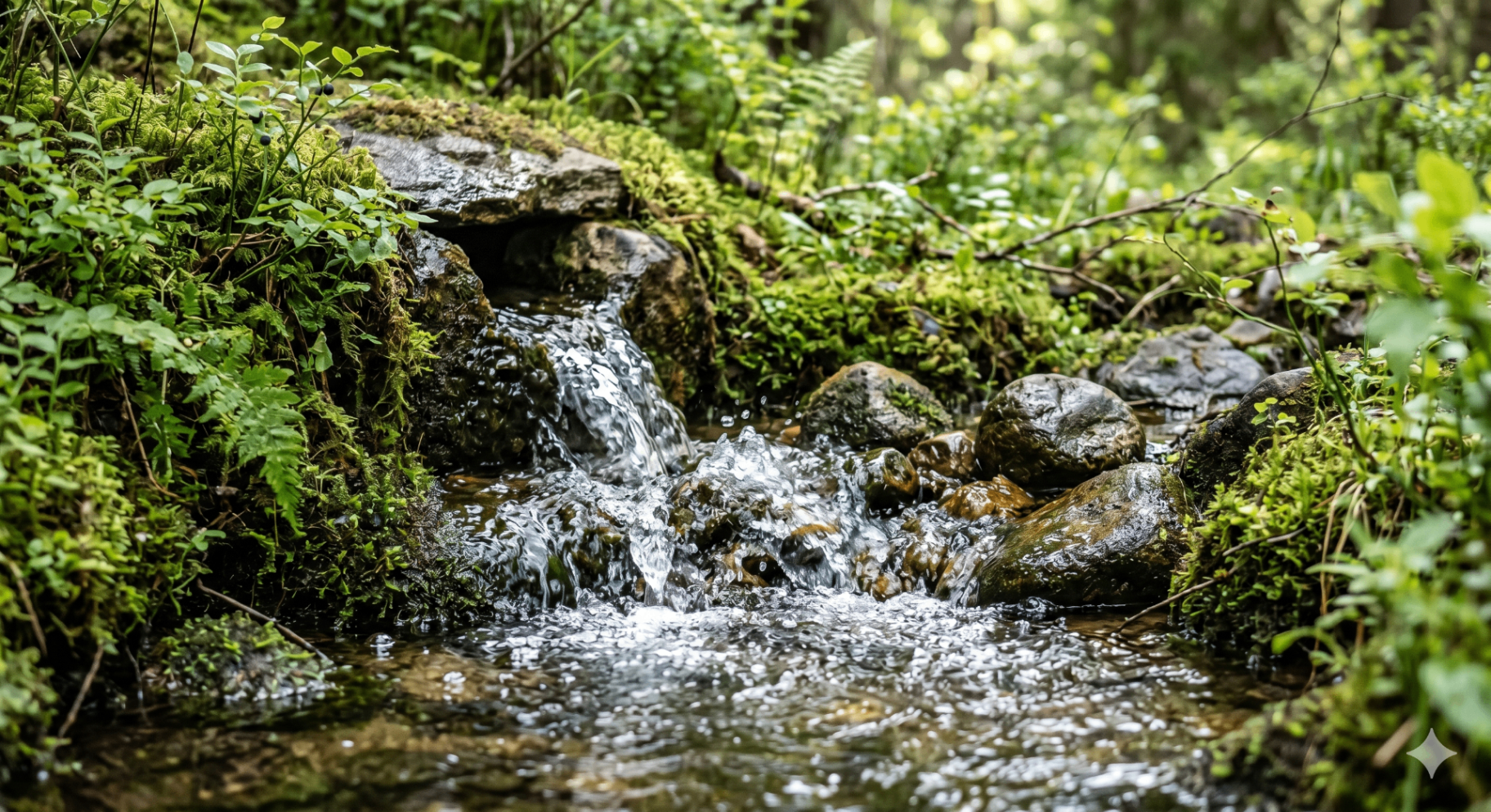 Vattenkälla i mossig skog