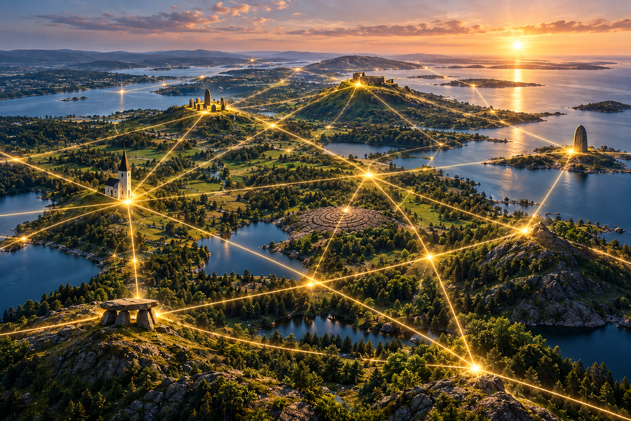 Ett landskap i solnedgång där raka ljuslinjer förbinder kyrka, gravhög, fornborg och rest sten