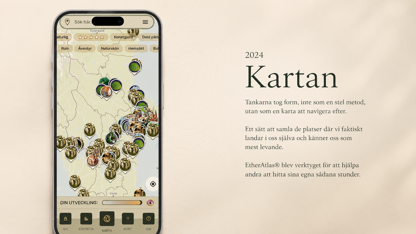 EtherAtlas-appen som visar kartan över kraftplatser med berättande text