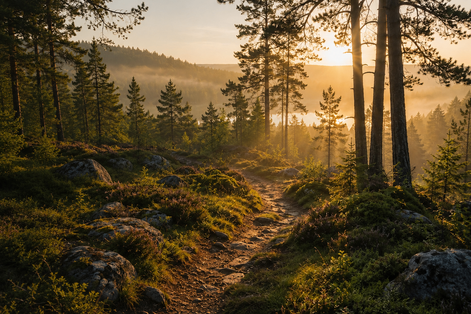 Stig genom nordisk skog i gyllene morgonljus