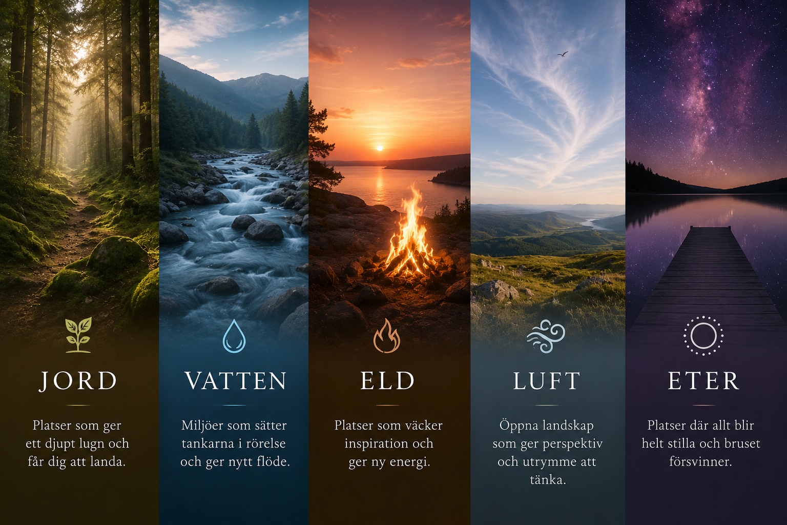 Ett collage av jord, vatten, eld, luft och eter i naturen