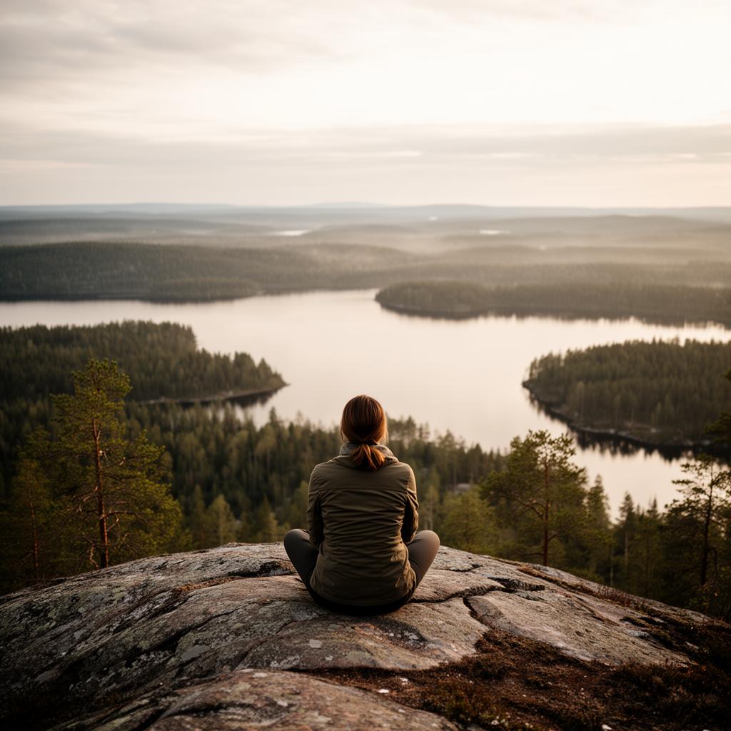 Person som vilar på en klippa med utsikt över en nordisk sjö och skog